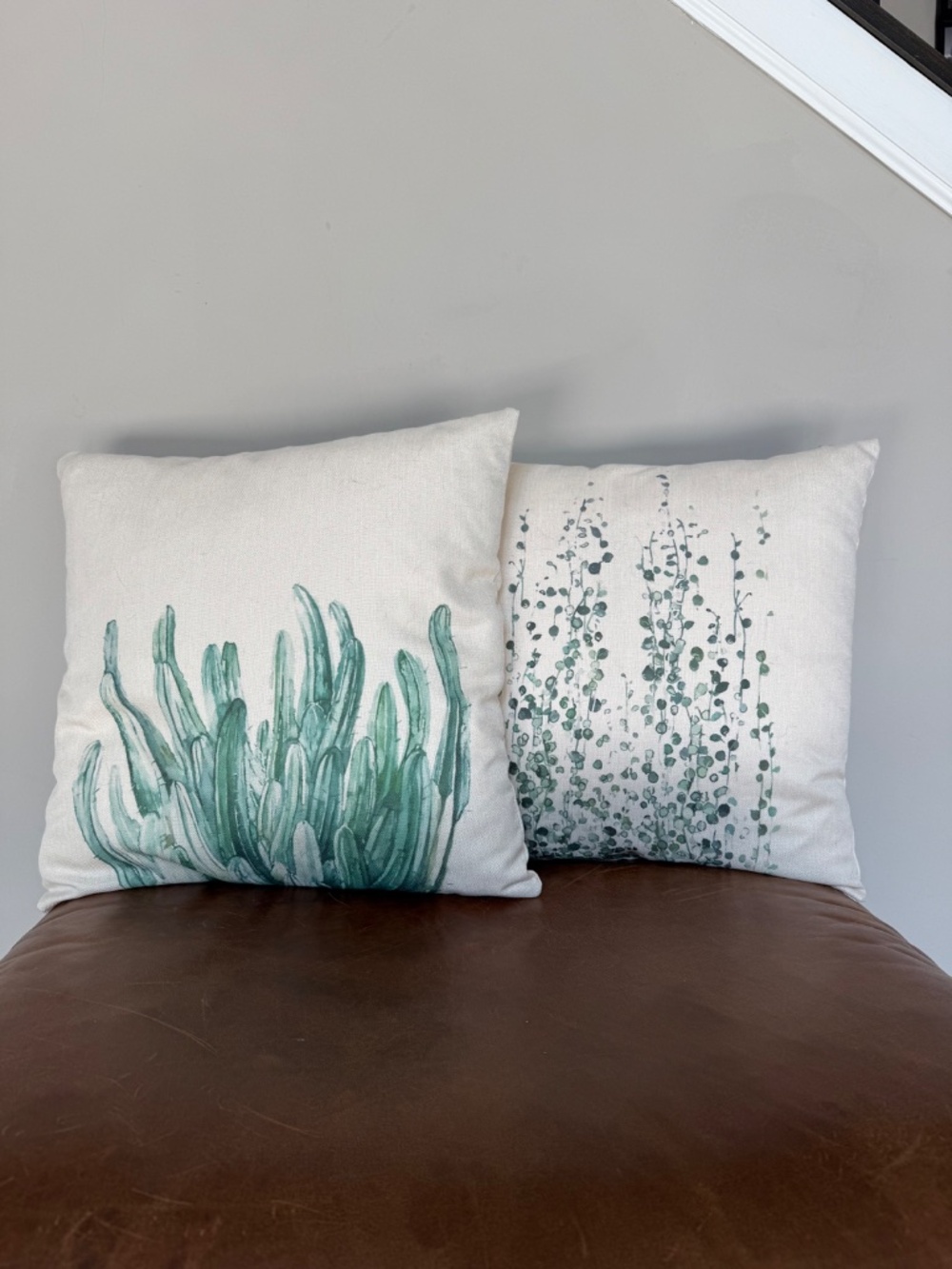 Coastal Botanical Throw Pillows Set of 2 Cream Green 16x16 Accent Pillows